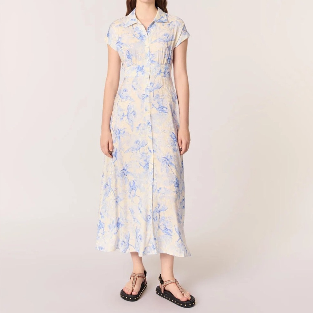 Maje Blue and Cream Satin Floral Patterned maxi dress😍size 36 - Picture 4 of 12